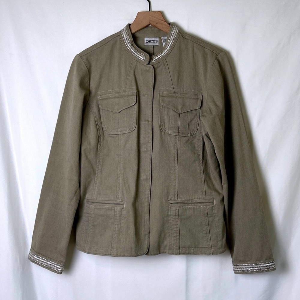 Chicos Women Beaded Trim Utility Military Jacket Size 1/M Olive Green Safari